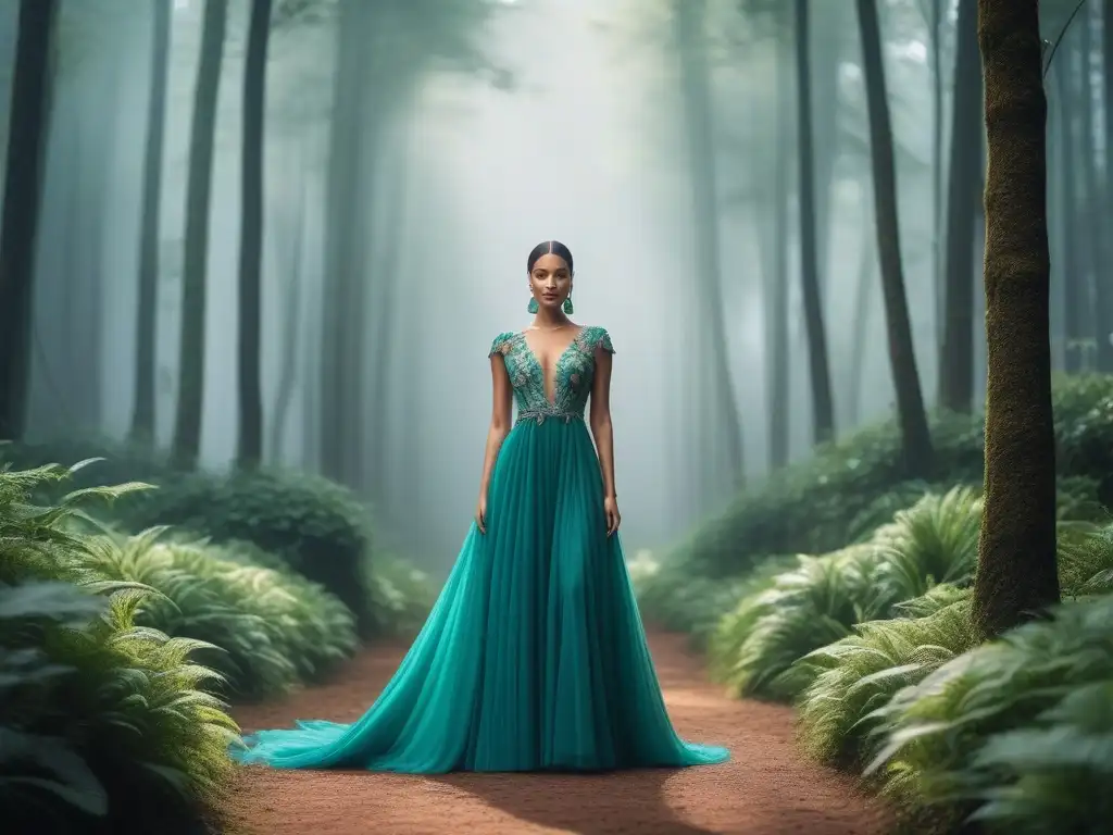 Vestido de noche eco-friendly en bosque exuberante Elegante vestido de noche sostenible, con bordados detallados, mostrado en un bosque verde exuberante