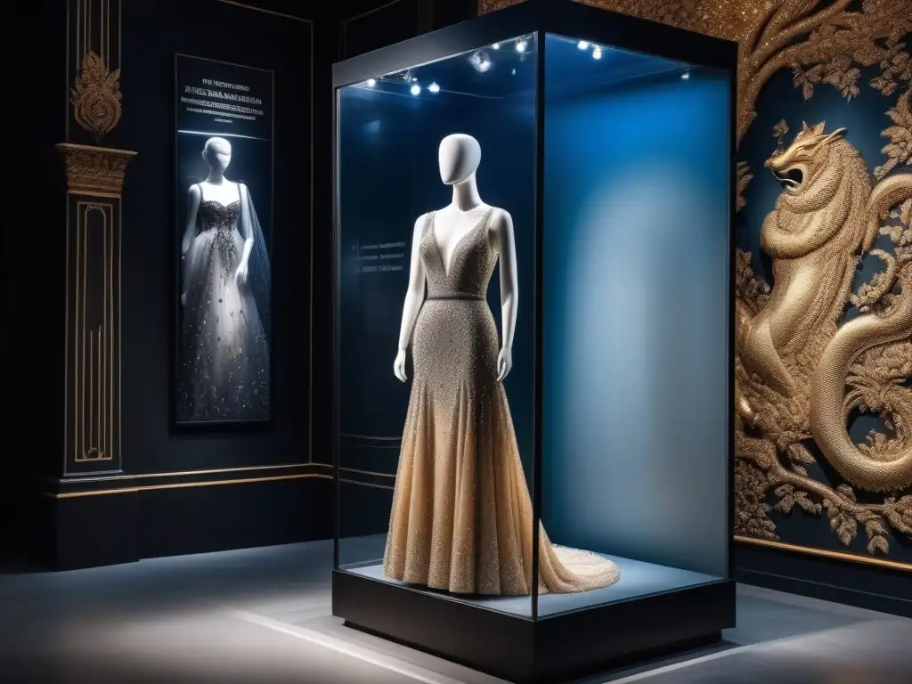 Exquisita elegancia: Vestido vintage de Dior en museo moderno Elegante vestido vintage de Dior en museo moderno