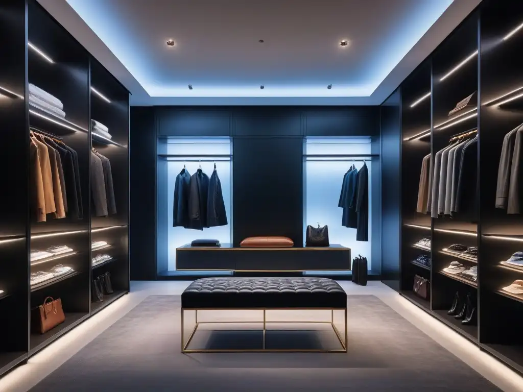 Armario inteligente: luces suaves realzan elegancia Un elegante vestidor con iluminación inteligente crea un ambiente de lujo para prendas de diseñador