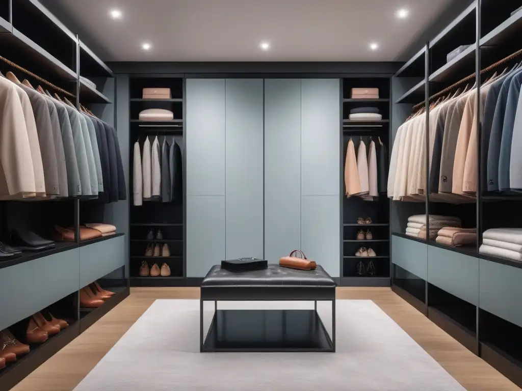 Armario elegante para mujeres petite: colección organizada y sofisticada Un elegante vestidor moderno para mujeres petite lleno de prendas de alta calidad