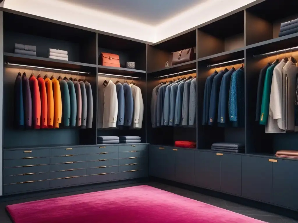 Armario de lujo con ropa de colores para mayores Un elegante vestidor con ropa senior cuidadosamente ordenada y accesorios de lujo, creando una atmósfera sofisticada y acogedora