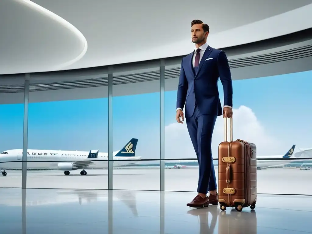 Viajero elegante en lounge de lujo con equipaje exclusivo Un elegante viajero con equipaje de lujo, irradiando autoestima en lujosa sala de espera del aeropuerto