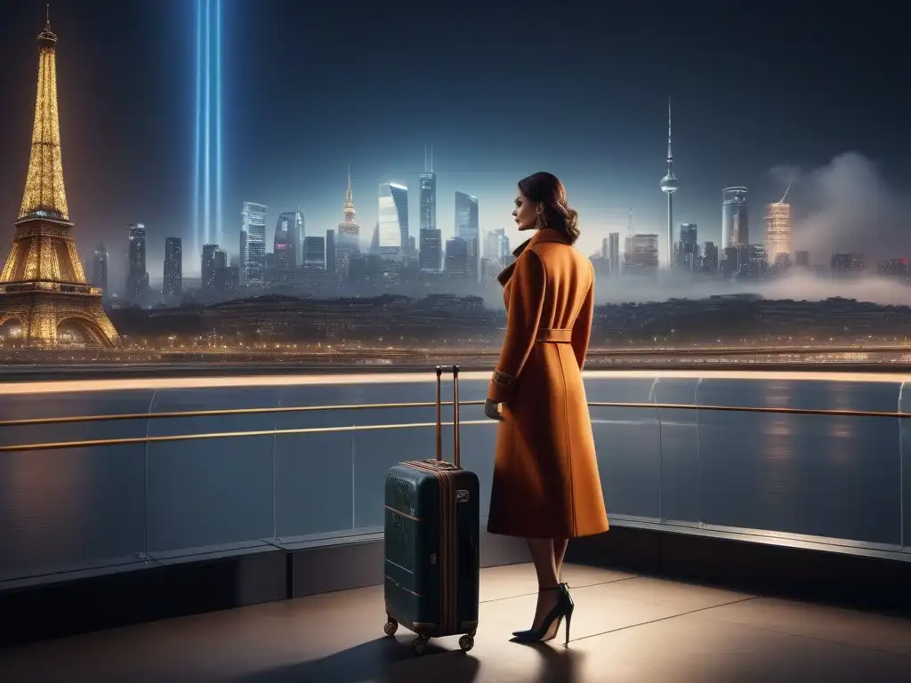 Viajero de lujo con maletas modernas en la ciudad Un elegante viajero frente a modernas maletas, combinando moda y viaje en una ciudad vibrante