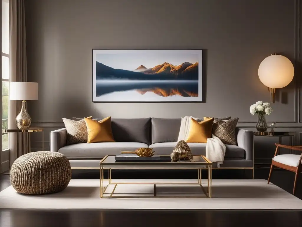 Salón de lujo con accesorios de diseño elegante Elegantes accesorios de diseño para hogar en una sala moderna y sofisticada con paleta de colores neutros y toques vibrantes y metálicos