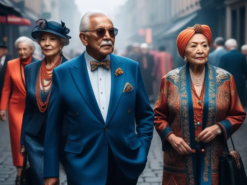 Moda senior multicultural: estilo único y colorido en la ciudad Elegantes seniors de diferentes culturas exhiben tendencias moda senior internacional en la ciudad