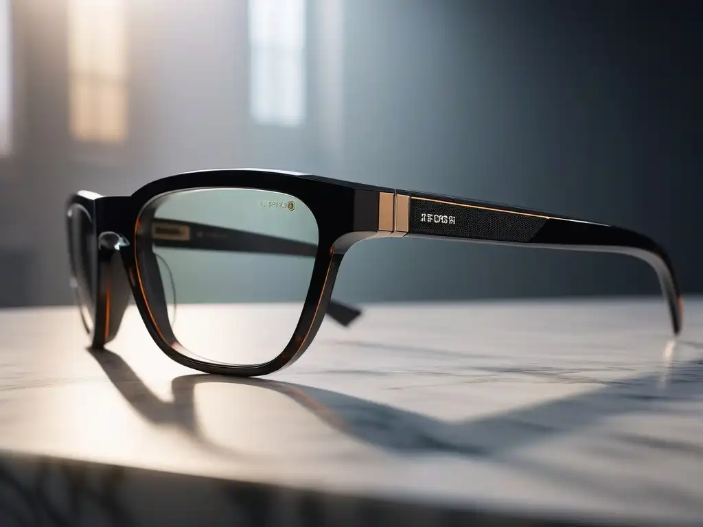 Gafas inteligentes de diseño: elegancia futurista Unas elegantes gafas inteligentes de diseño reposan sobre una mesa de mármol, iluminadas por la luz del sol que entra por la ventana