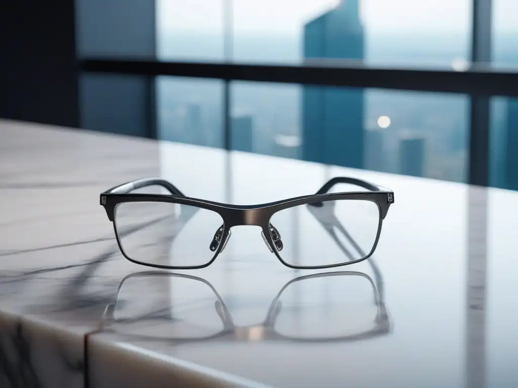 Gafas inteligentes de alta gama en elegante entorno urbano Elegantes gafas inteligentes de diseño sobre encimera de mármol, con luz natural y fondo de skyline urbano