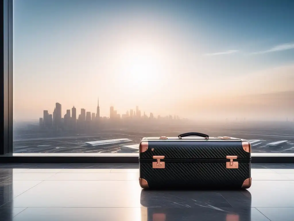 Set de maletas de lujo en fibra de carbono negro y oro rosa en elegante aeropuerto al atardecer Elegantes maletas con estilo para viajar en aeropuerto al atardecer