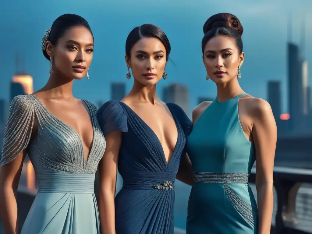 Elegantes mujeres en vestidos de noche frente a la ciudad al atardecer Elegantes mujeres altas lucen moda tall eventos especiales en la ciudad al atardecer