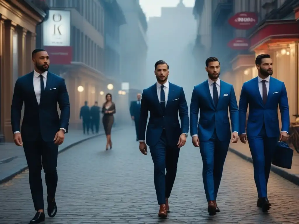 Elegantes y seguros: grupo de altos en trajes a medida pasea por la ciudad Elegantes personas altas lucen trajes impecables en la ciudad