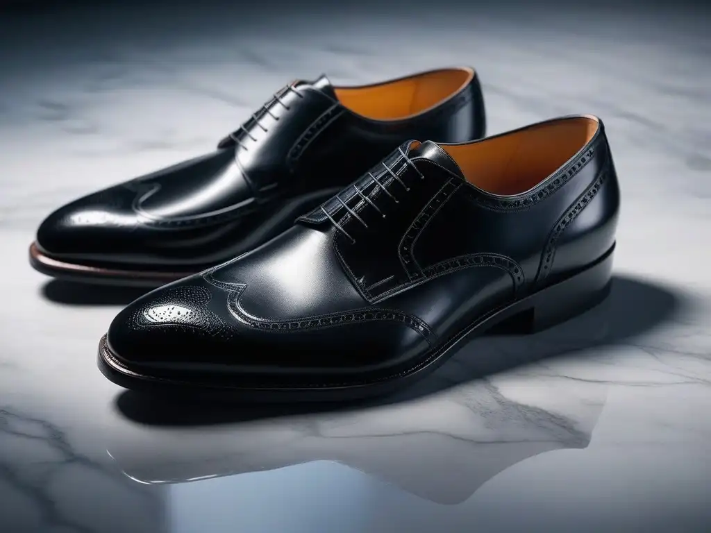 Zapatos de vestir de cuero negro: elegancia y sofisticación Elegantes zapatos de vestir de cuero negro sobre suelo de mármol, reflejando lujo y sofisticación