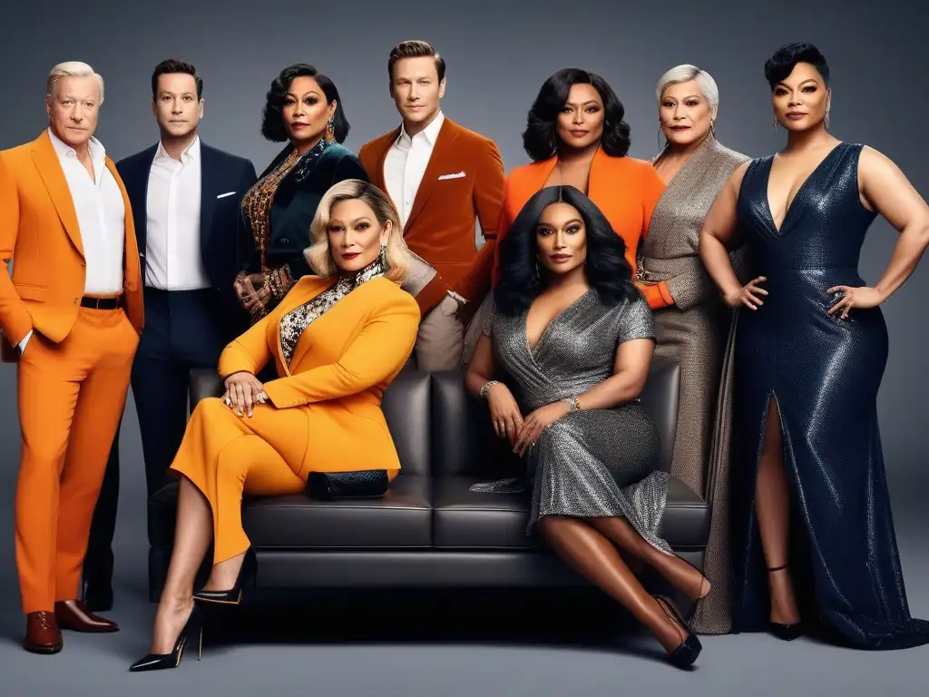 Actores de series famosas lucen moda inclusiva en ciudad moderna Elenco diverso de series como 'Pose', 'Orange is the New Black' y 'Glee' unido en moda inclusiva en cine y TV