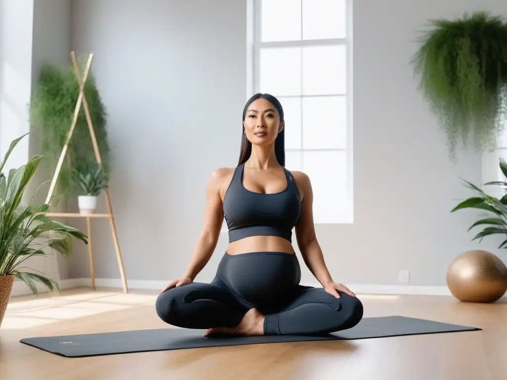 Embarazo activo: mujer radiante en elegante activewear de yoga Embarazada en activewear elegante, posa confiada en estudio de yoga luminoso