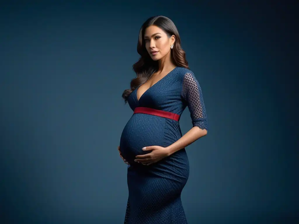 Maternidad elegante: postura perfecta y estilo en vestido ajustado Embarazada con buena postura luce vestido maternidad elegante en estudio minimalista