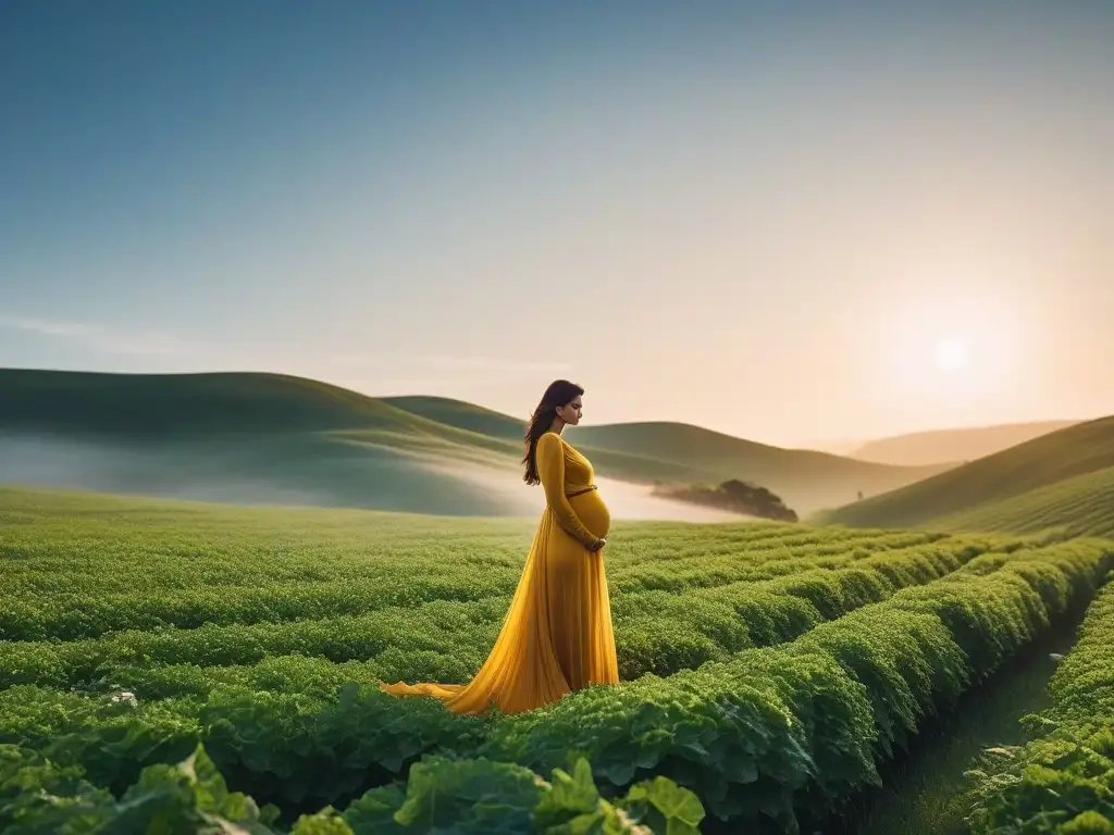 Esencia de maternidad en campo verde al atardecer Embarazada en un campo verde al atardecer con ropa maternidad sostenible y cómoda