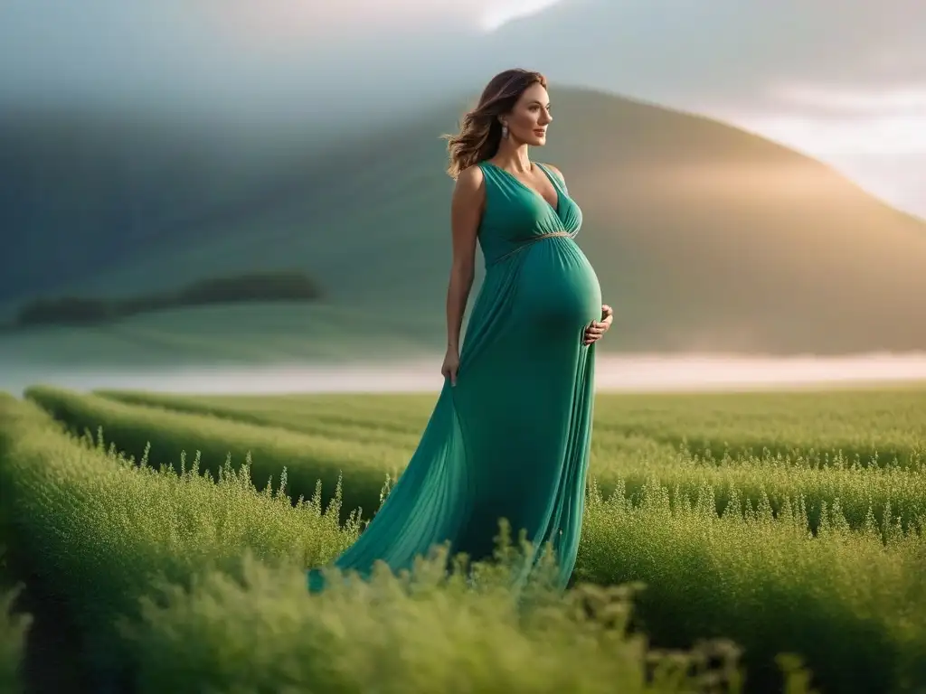 Maternidad sostenible: belleza en el campo al atardecer Embarazada en campo verde con vestido sostenible y cómodo al atardecer