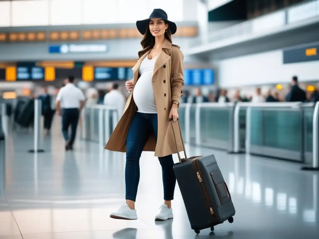 Embarazada elegante en aeropuerto: moda y comodidad Embarazada elegante en aeropuerto, moda maternal elegante para viajes