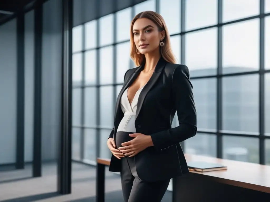 Elegancia profesional: mujer embarazada moderna y sofisticada Embarazada elegante en blazer negro en oficina chic, equilibrio perfecto de estilo y profesionalismo