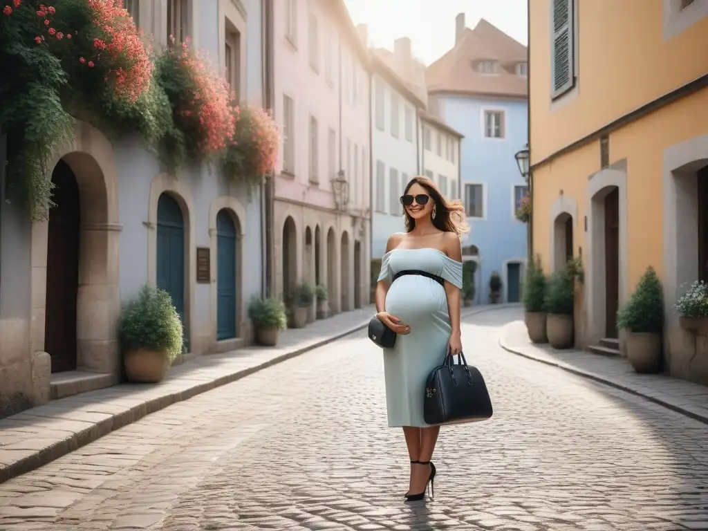 Embarazada con estilo: una viajera elegante en Europa Una embarazada elegante disfruta de un paseo por Europa, luciendo moda maternal para viajes con estilo y confianza