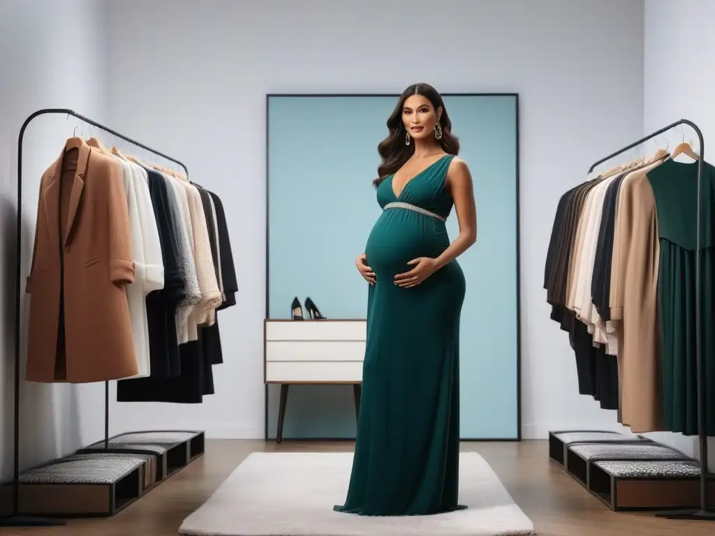 Estilo y confianza: moda premamá asequible para lucir radiante Una embarazada elegante frente al espejo, luciendo un atuendo de maternidad chic y asequible que realza su barriga