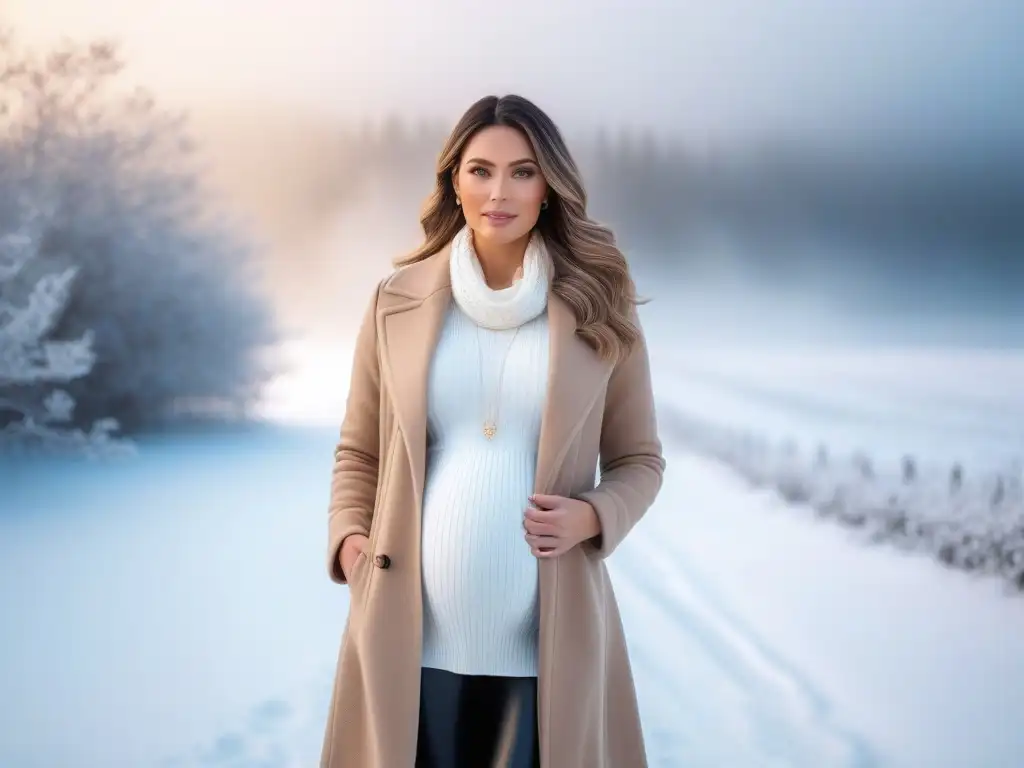 Embarazo invernal: mujer elegante en la nieve Embarazada elegante en moda maternal invierno estilo, paisaje nevado con nieve cayendo suavemente