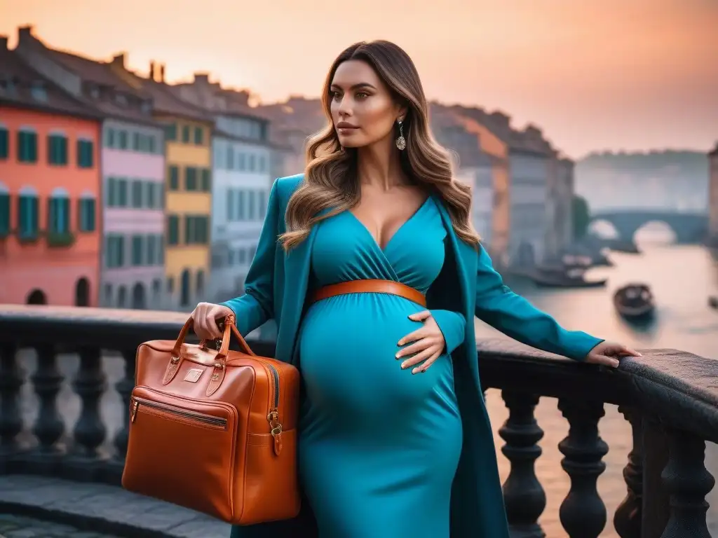 Embarazada elegante en Europa al atardecer Embarazada elegante con moda maternal para viajes en una ciudad europea al atardecer