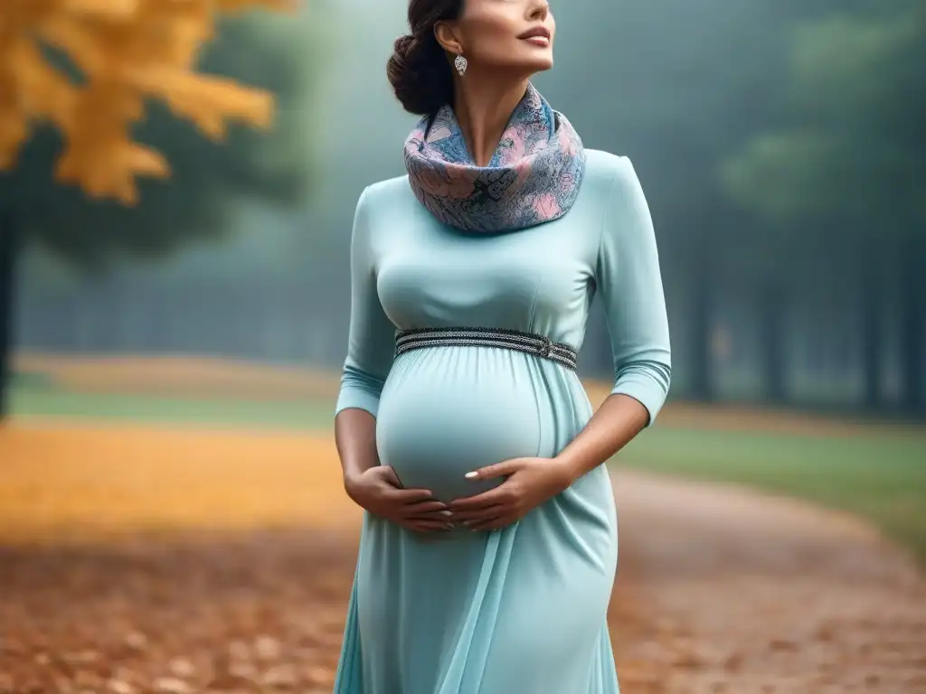 Elegante moda premamá en otoño: mujer embarazada sonriente en el parque Embarazada elegante en un parque otoñal con pañuelo vibrante, irradiando estilo y gracia