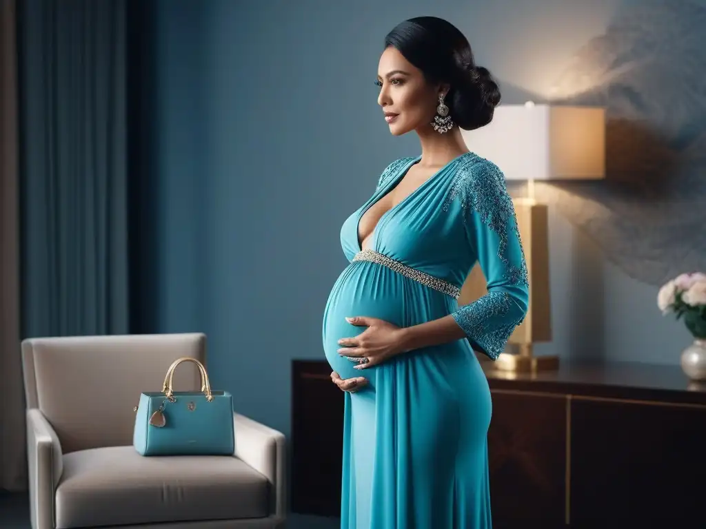 Maternidad de lujo: mujer embarazada elegante en entorno lujoso Una embarazada elegante, radiante en un entorno lujoso, luciendo accesorios de lujo para todos con estilo y glamour