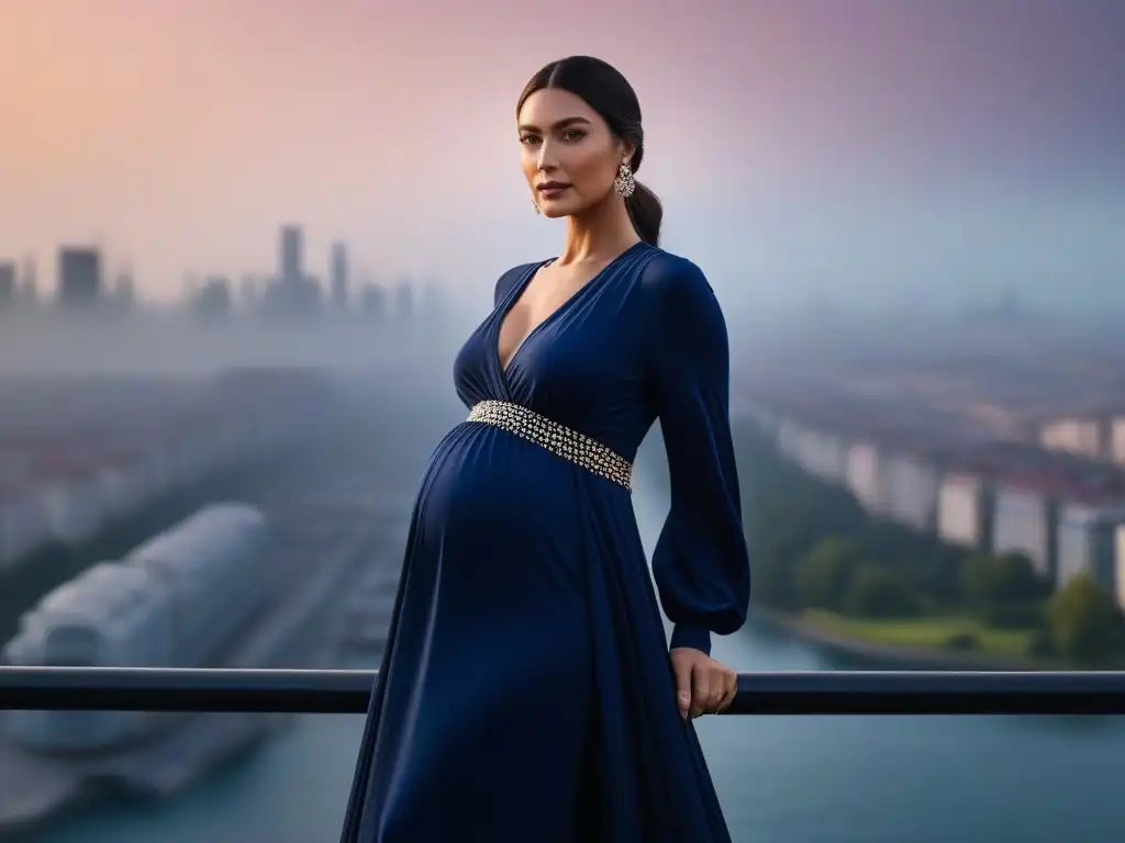 Mujer embarazada: elegancia y confianza en la ciudad al atardecer Una embarazada elegante en un vestido azul marino posa confiada en la ciudad al anochecer