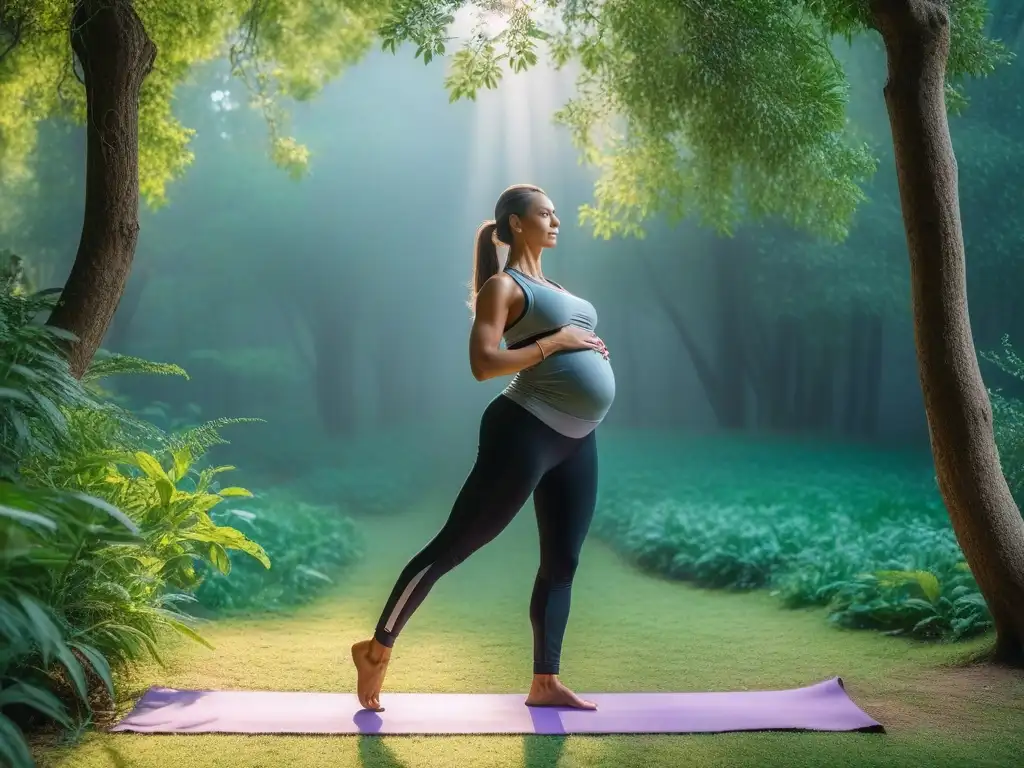 Embarazada practicando yoga en la naturaleza con activewear funcional Embarazada practica yoga en entorno natural con elegante activewear maternidad tallas especiales