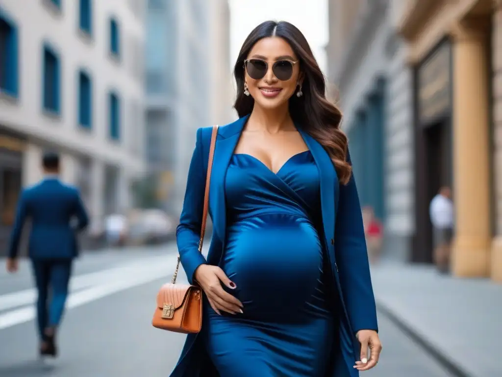 Radiante y segura: moda para embarazadas petite en la ciudad Una embarazada con estilo pasea por la ciudad luciendo un atuendo de maternidad, destacando la moda para mujeres petite