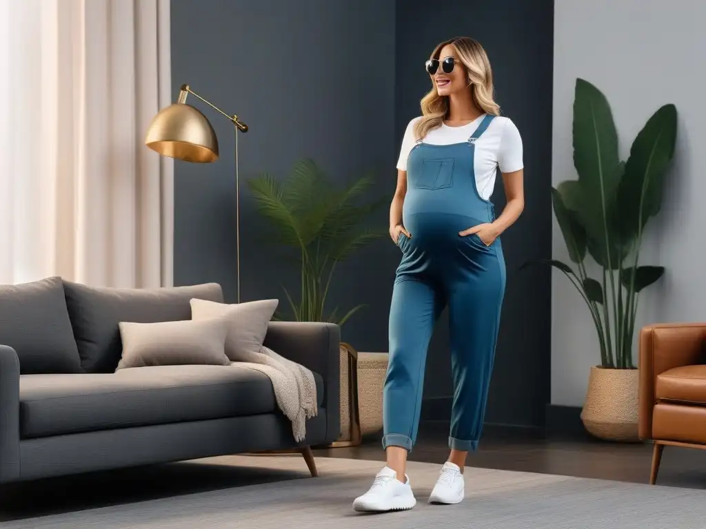 Elegancia moderna: mujer embarazada en mono de maternidad Una embarazada con estilo luce un moderno conjunto de overol materno en un elegante salón