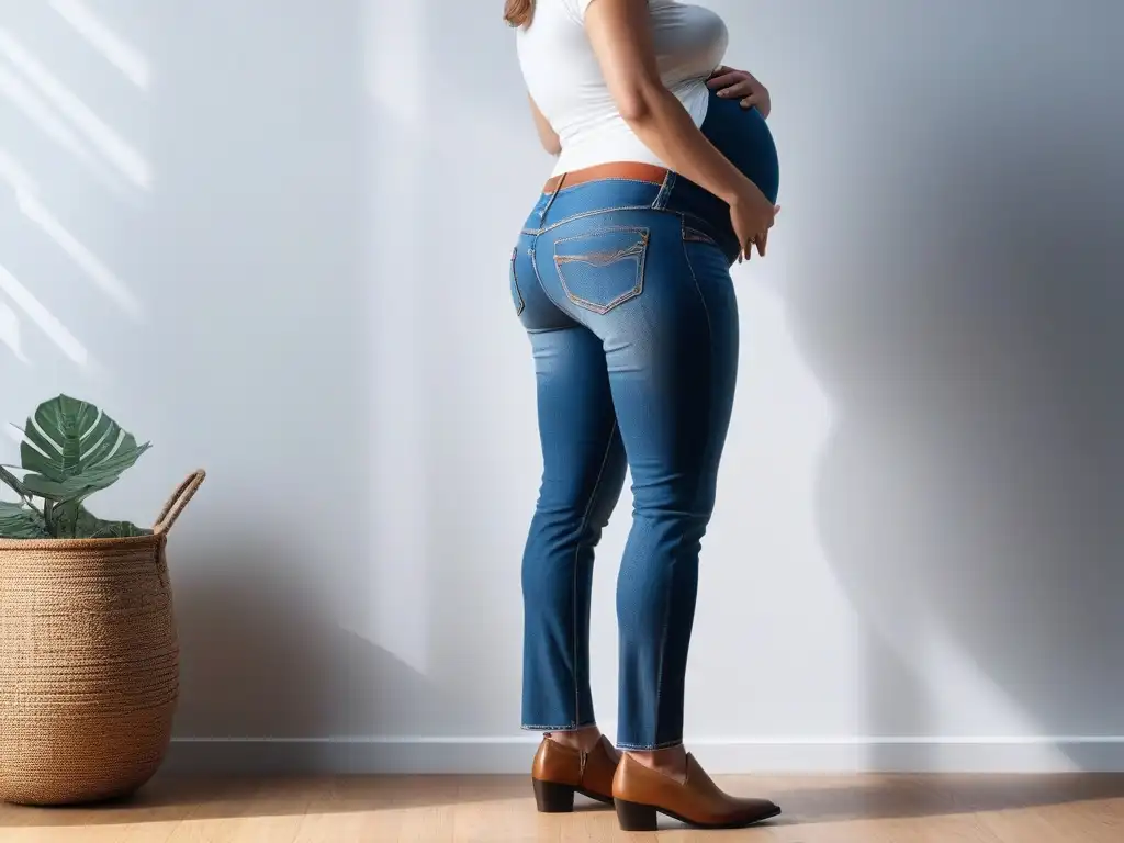 Embarazada feliz con jeans de maternidad: estilo y comodidad Embarazada feliz en jeans maternales ajuste perfecto, reflejo de confianza y estilo moderno