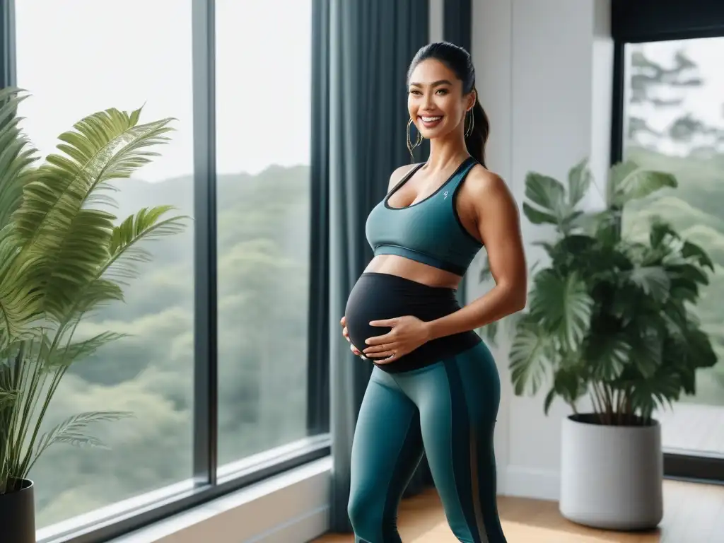 Embarazada radiante en activewear de maternidad en estudio de yoga Embarazada feliz en activewear maternidad