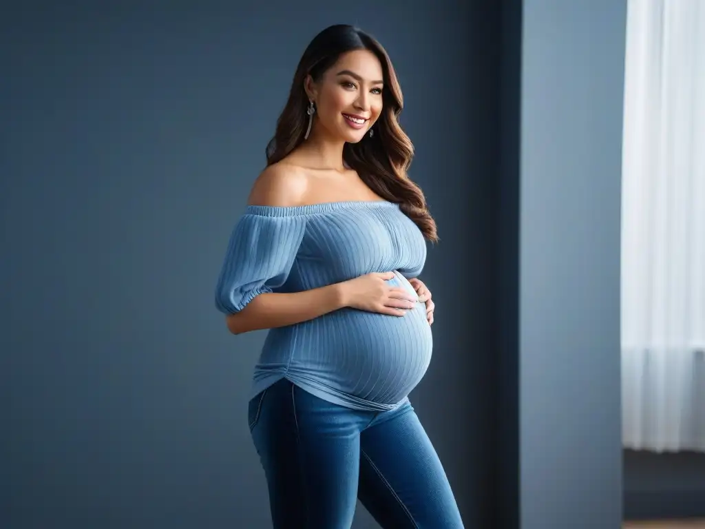 Moda de maternidad plus size: Outfit chic para embarazadas radiantes Embarazada feliz con outfit moderno y cómodo para tallas especiales, en ambiente luminoso