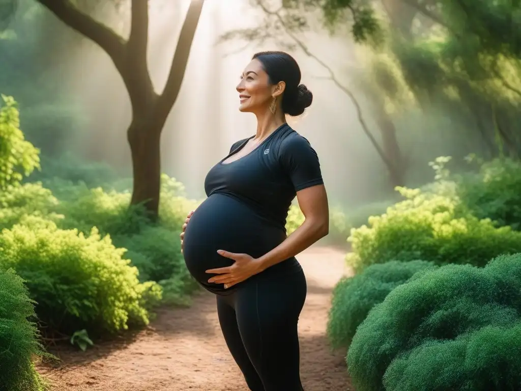 Embarazada feliz en yoga materno entre naturaleza Embarazada feliz en pose de yoga, viste activewear maternidad tallas especiales en entorno natural relajante