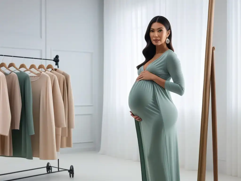 Elegante embarazada encuentra el look perfecto en espejo Embarazada feliz probándose ropa de maternidad, reflejando la guía tallas ropa maternidad perfecto