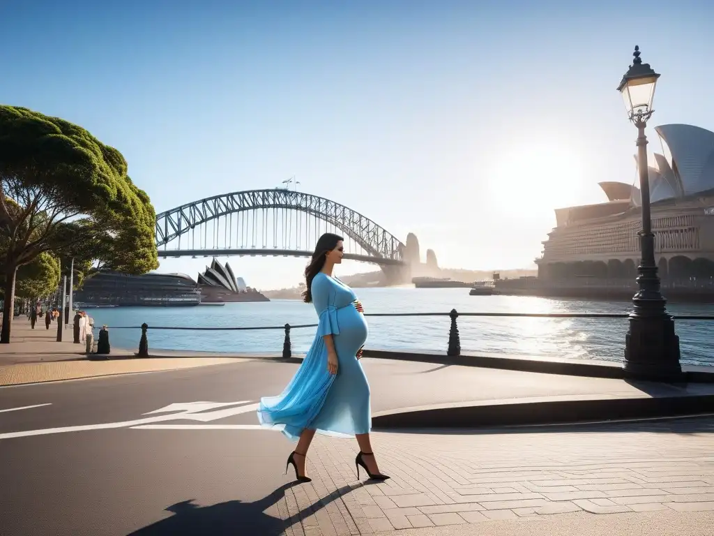 Maternidad de lujo en Sidney: elegancia y sofisticación en cada paso Una embarazada glamurosa camina por Sídney con un look de moda maternal de lujo, fusionando tendencias en la ciudad