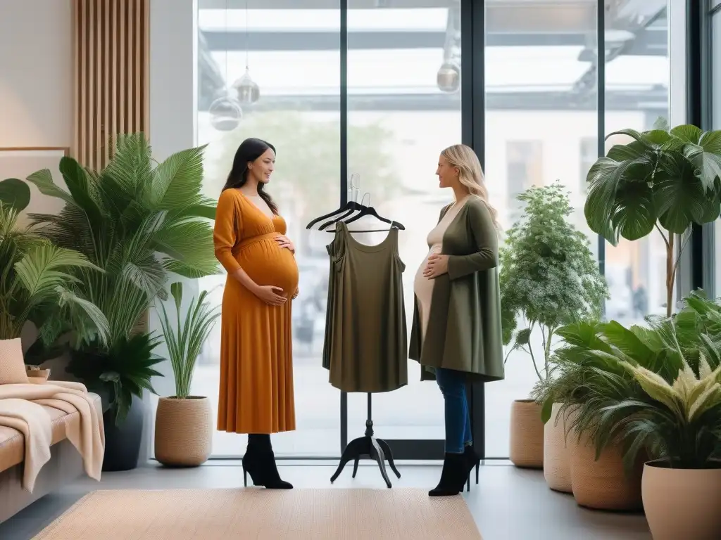 Tienda de maternidad sostenible: estilo y confort eco para mamás modernas Una embarazada se prueba un outfit en una tienda de ropa maternidad sostenible y cómoda, con decoración minimalista y tonos terrosos