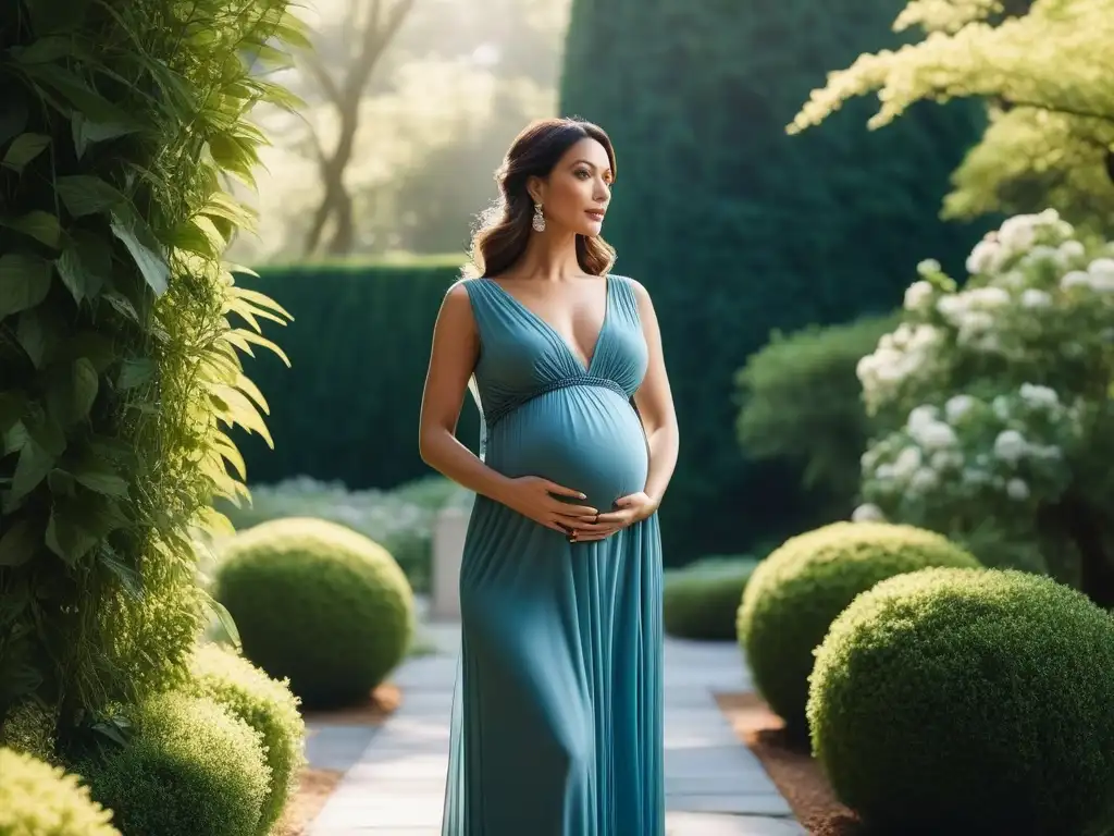 Estilo maternidad: radiante en jardín moderno Una embarazada radiante en un jardín elegante, fusionando moda maternal cómoda y elegante