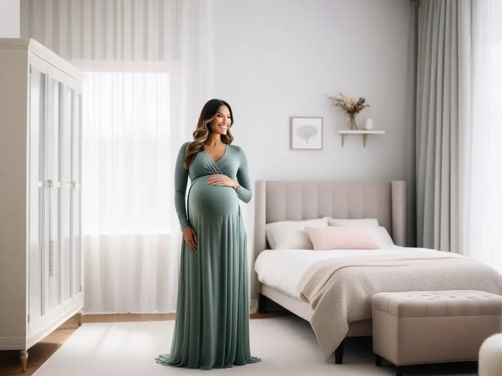 Radiante mamá embarazada en moderno vivero neutro Embarazada radiante, viste moda maternal trendy en un elegante vivero minimalista