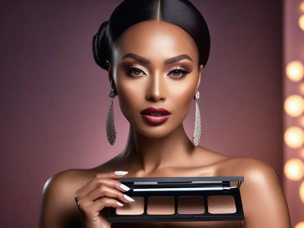 Belleza materna y maquillaje: una combinación radiante Una embarazada radiante posa con seguridad y una paleta de maquillaje, en un estudio moderno iluminado