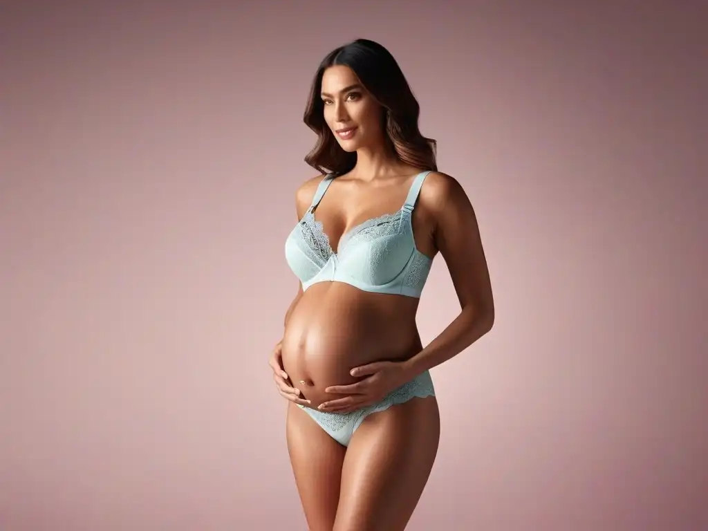 Maternidad radiante: lencería para embarazadas en todas las etapas Una embarazada resplandeciente muestra lencería maternal cómoda y sensual en diferentes etapas, en un escenario moderno y elegante