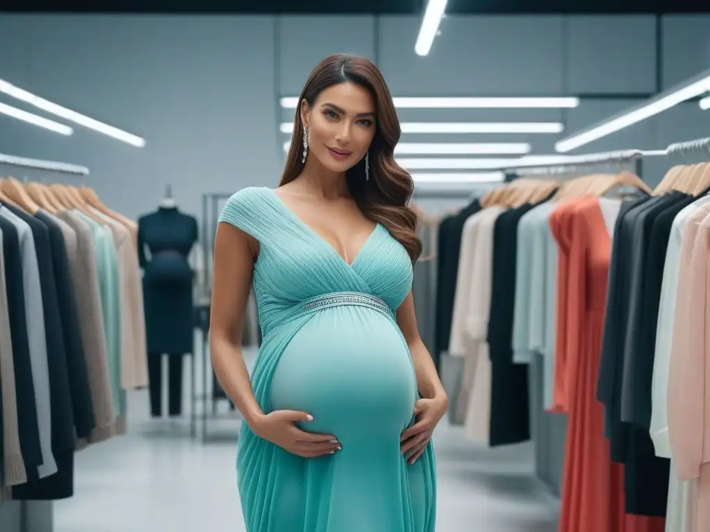 Embarazada feliz probándose ropa de maternidad en boutique online Embarazada sonriendo mientras prueba Ropa Maternal Online Tallas en boutique chic