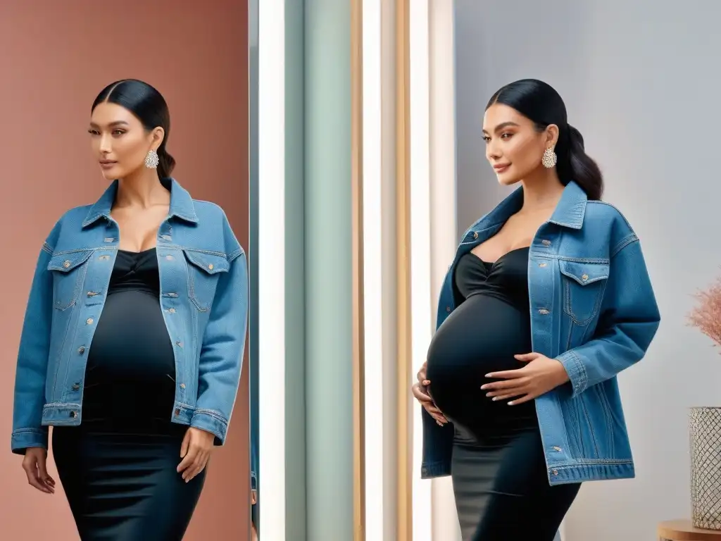 Radiante embarazada admira su reflejo en moderno outfit de maternidad Embarazada segura de sí misma en chaqueta denim tallas grandes y vestido negro ajustado, admirando su reflejo en espejo