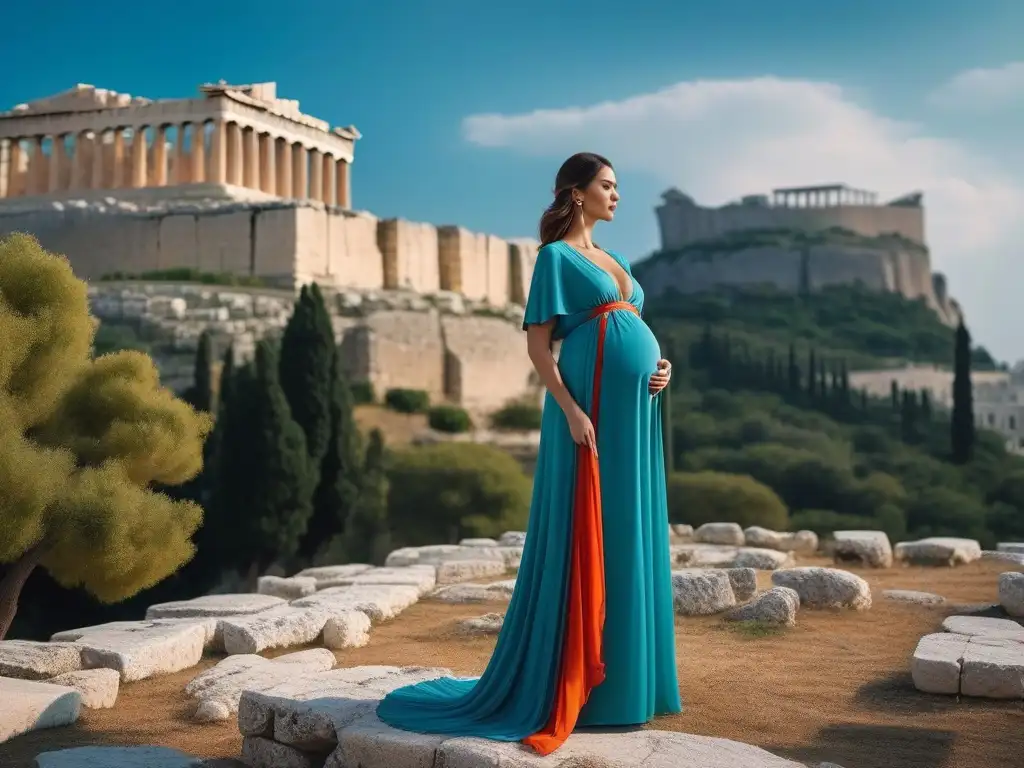 Elegante embarazada en la Acrópolis de Atenas Una embarazada sofisticada en Atenas, fusionando moda maternal de lujo con la emblemática Acropolis
