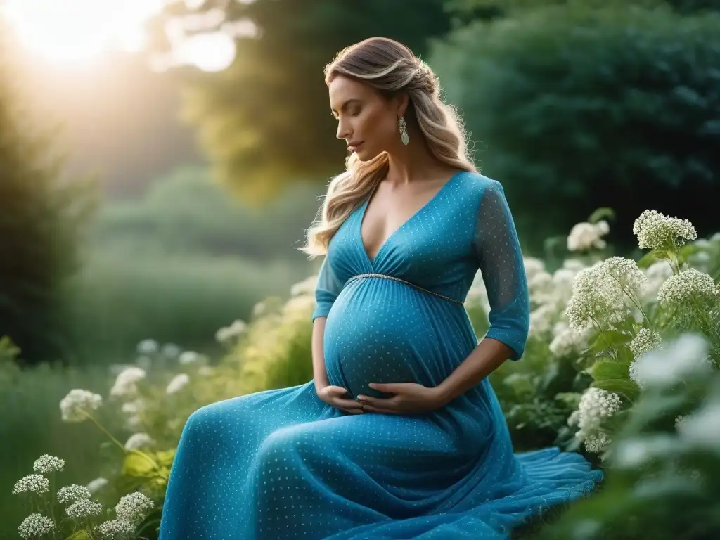 Maternidad en armonía: vestido sostenible en jardín Embarazada en jardín verde, viste moda maternal sostenible