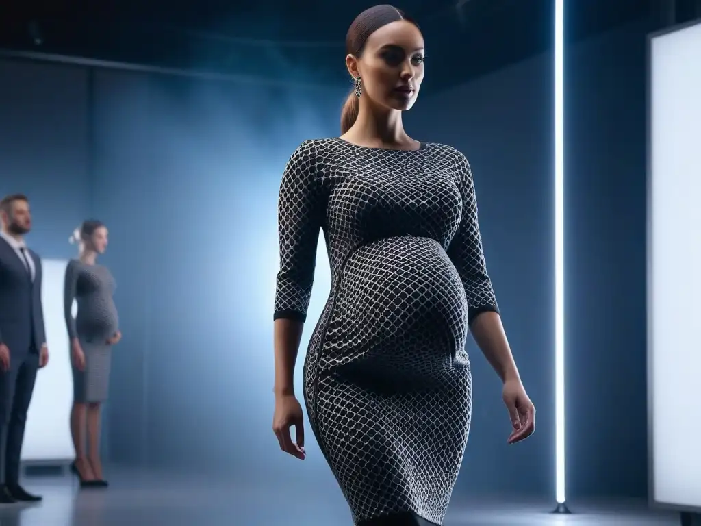 Diseño 3D de vestido de maternidad: innovación y estilo futurista Una embarazada viste un vestido de moda maternidad impresión 3D con patrones geométricos innovadores en un estudio de moda futurista