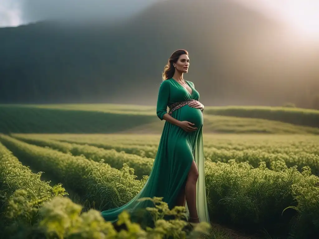 Elegante moda sostenible para embarazadas en la naturaleza Embarazo y moda maternal sostenible en la naturaleza al atardecer, reflejando belleza y responsabilidad ambiental