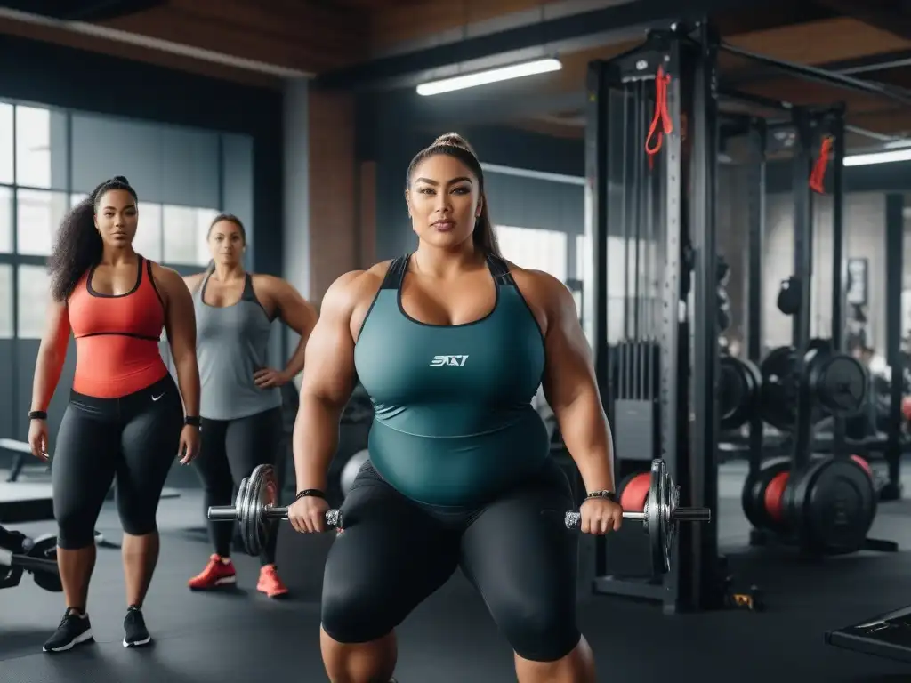Inspiradora sesión de entrenamiento para atletas plussize Un emocionante entrenamiento plus size inclusivo y efectivo en un gimnasio de vanguardia